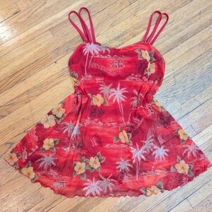 Vintage Hawaiian One Piece Mesh Swim Dress Tropical Palm Tree Caribbean M